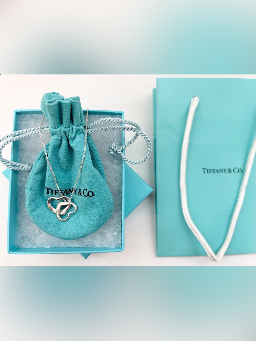 Auth TIFFANY & CO Two Pendants Elsa Peretti 15mm Open Heart Silver 16” Necklace
